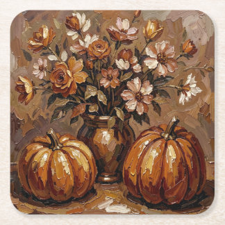 Cozy Autumn Harvest Pumpkins and Roses Square Paper Coaster