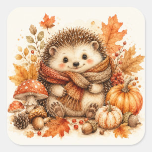 Cozy Autumn Hedgehog Watercolor Art Square Sticker