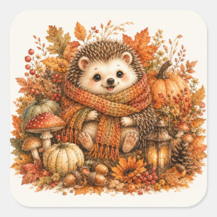 Cozy Autumn Hedgehog Watercolor Art Square Sticker