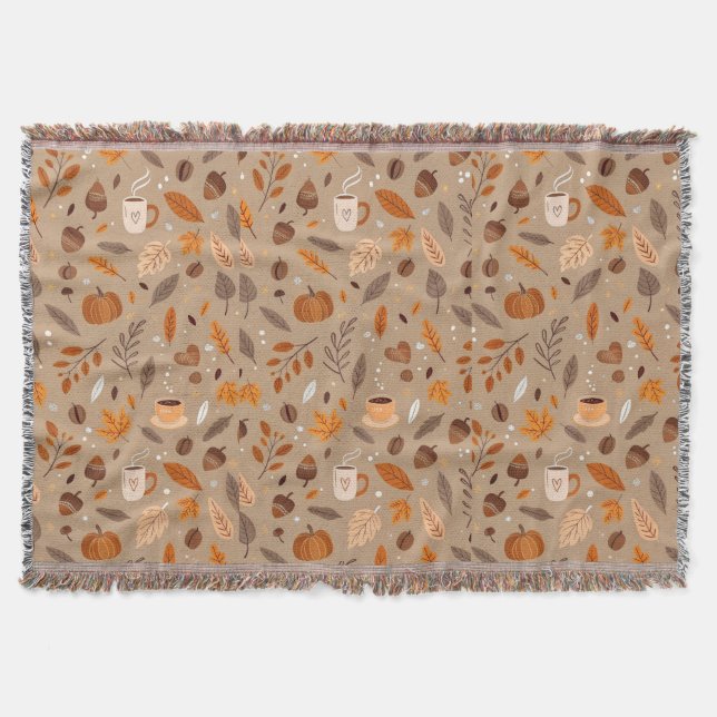 Cozy Autumn Leaves and Pumpkin Pattern Throw  Blanket (Front)