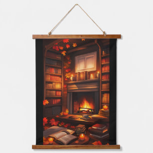 Cozy Autumn Library Hanging Tapestry