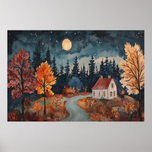 Cozy Autumn Night Cottage Watercolor Fall Art Poster