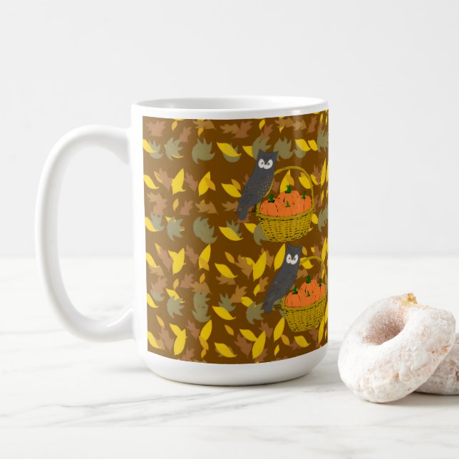 Cozy Autumn Owl and Pumpkins Coffee Mug (With Donut)