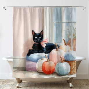 Cozy Autumn Pastel Pumpkins Black Cat