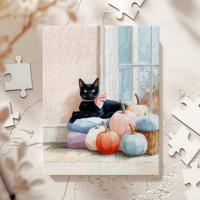 Cozy Autumn Pastel Pumpkins Black Cat Jigsaw Puzzle (Creator Uploaded)