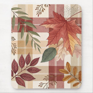 Cozy Autumn Plaid & Leaves   Mousepad