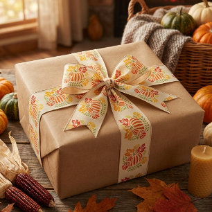 Cozy Autumn Pumpkin And Falling Leaves Satin Ribbon