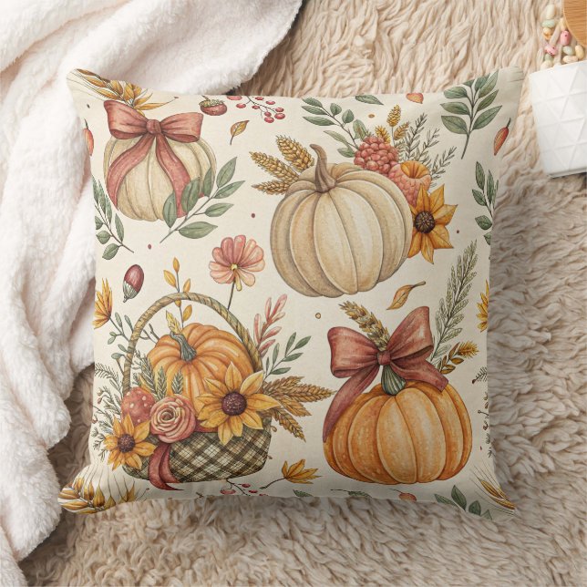 Cozy Autumn Pumpkin and Sunflower Pattern (2) Throw Pillow (Blanket)