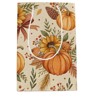 Cozy Autumn Pumpkin and Sunflower Pattern Medium Gift Bag