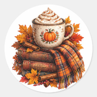 Cozy Autumn Pumpkin Latte Books Design Classic Round Sticker