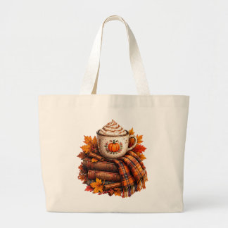 Cozy Autumn Pumpkin Latte Books Design Large Tote Bag