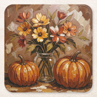 Cozy Autumn Pumpkins and Flowers Square Paper Coaster