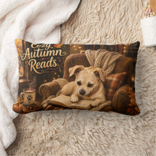 Cozy Autumn Reads Cute Book Lover Puppy Lumbar Pillow