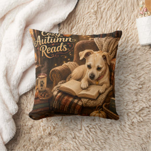 Cozy Autumn Reads Cute Book Lover Puppy Throw Pillow