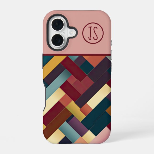 Cozy Autumn Tones Weave Pattern Monogrammed iPhone 16 Case (Back)