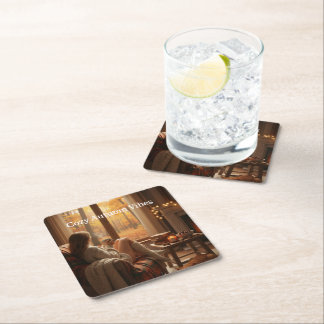 Cozy Autumn Vibes | Personalized Fall Cabin Window Square Paper Coaster