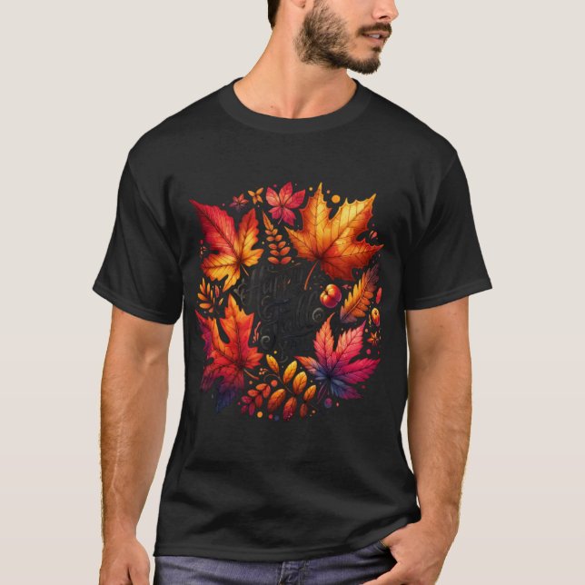 Cozy Autumn Watercolor Pumpkins Leaves Perfect Fal T-Shirt (Front)