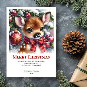 Cozy Baby Deer Snowy Forest Watercolor Christmas  Holiday Card