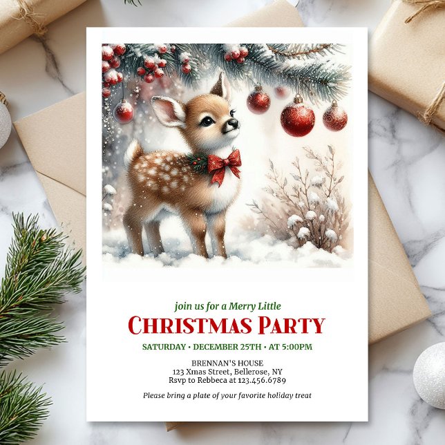 Cozy baby deer winter scene Christmas party invite (Cozy baby deer winter scene Christmas party invitation)