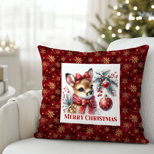 Cozy Baby Deer Winter Scene Kids Room Decor Xmas Throw Pillow