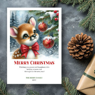 Cozy Baby Deer Winter Scene Watercolor Christmas  Holiday Card