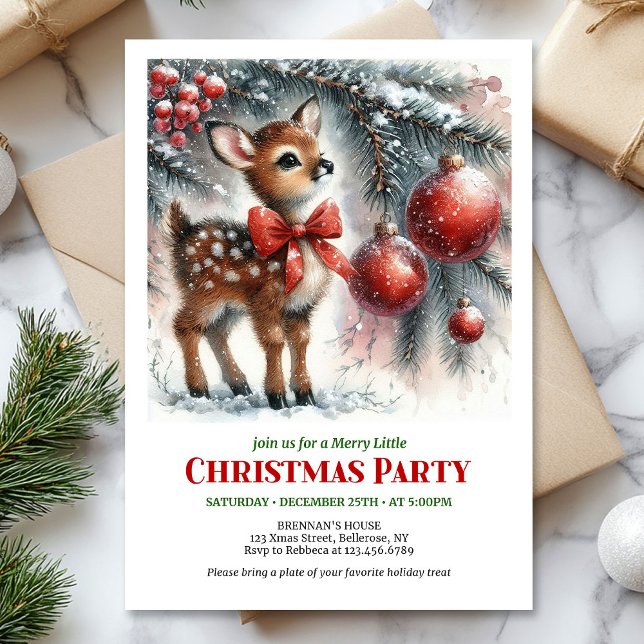 Cozy baby fawn winter scene printable Christmas  Invitation (Cozy baby fawn winter scene printable Christmas invite)