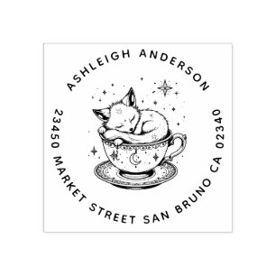 Cozy Baby Fox Snuggled Teacup Moon Stars Address Rubber Stamp