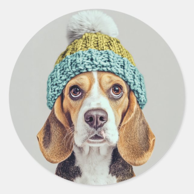 Cozy Beagle in a Winter Knit Hat Classic Round Sticker (Front)