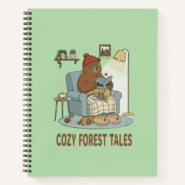 Cozy Bear Reading 'Forest Tales' with Cute Sleepin Notebook (Front)