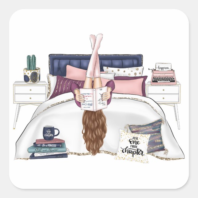 Cozy Bedroom Reading Scene Artwork for Book Lovers Square Sticker (Front)