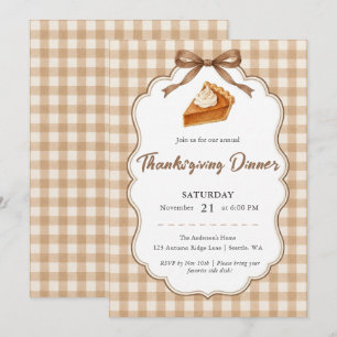 Cozy Beige Gingham Pumpkin Pie Thanksgiving Dinner Invitation