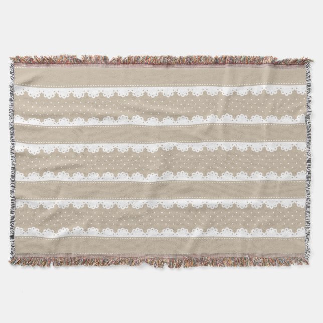 Cozy Beige & White Lace Striped Pattern Throw Blanket (Front)