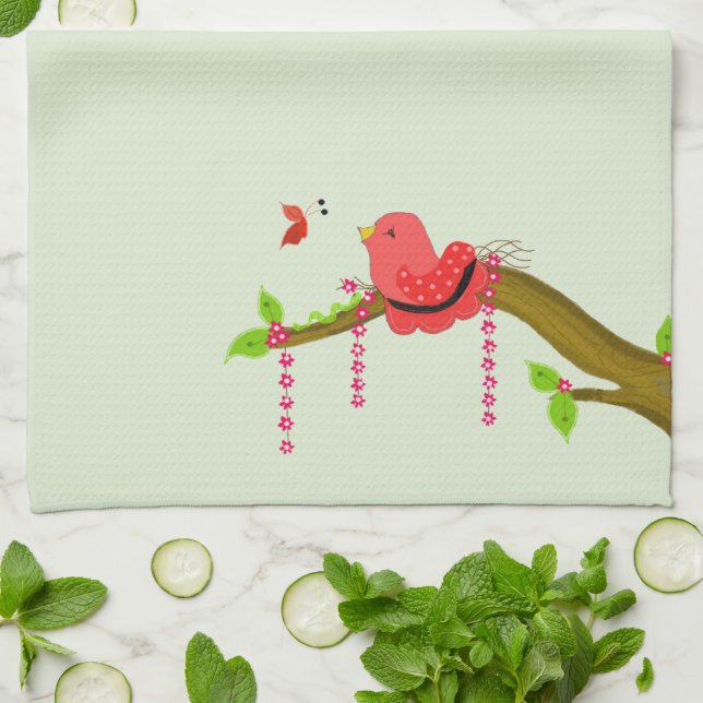 Cozy Bird Chirping At A Butterfly Kitchen Towel (Folded)