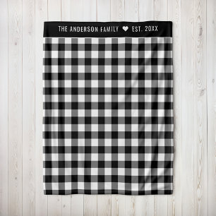 Cozy Black and White Buffalo Plaid Family Monogram Fleece Blanket