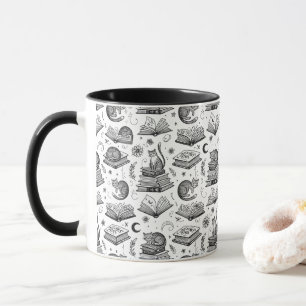 Cozy Black and White Cat on Books Pattern Mug
