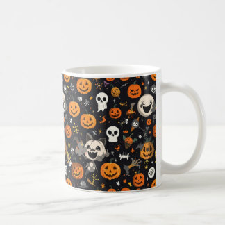Cozy Black Background Ghost & Pumpkin All-Over Pat Coffee Mug