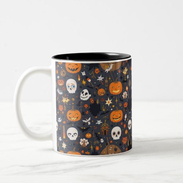 Cozy Black Background Ghost & Pumpkin All-Over Pat Two-Tone Coffee Mug (Left)