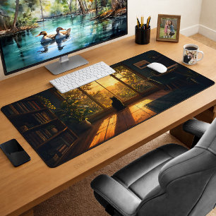 Cozy Black Cat Aesthetic Lofi Art Desk Mat