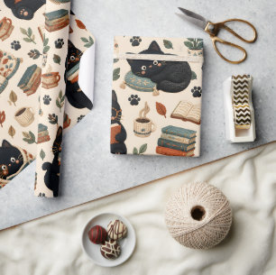 Cozy Black Cat Book Lover Pattern Wrapping Paper