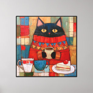 Cozy Black Cat Drinking Coffee At Cafe Canvas Print