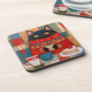 Cozy Black Cat Drinking Coffee At Cafe Coaster