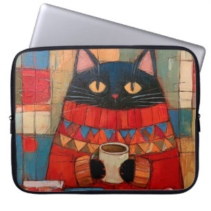 Cozy Black Cat Drinking Coffee At Cafe Laptop Sleeve