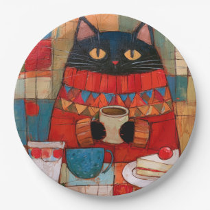 Cozy Black Cat Drinking Coffee At Cafe Paper Plate