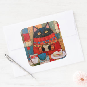 Cozy Black Cat Drinking Coffee At Cafe Square Sticker