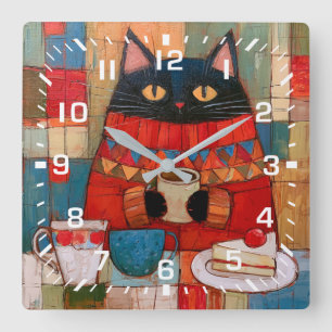 Cozy Black Cat Drinking Coffee At Cafe Square Wall Clock