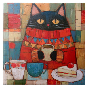Cozy Black Cat Drinking Coffee At Cafe Tile