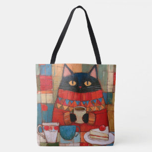 Cozy Black Cat Drinking Coffee At Cafe Tote Bag