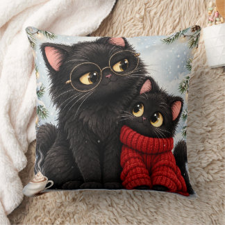 Cozy Black Cats with Red Scarf Throw Pillow