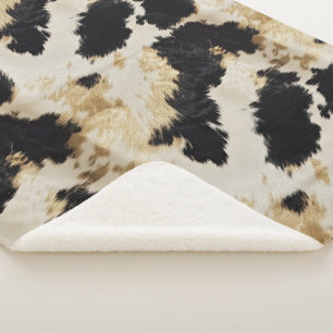 Cozy Black Cream Gold Southwest Cowhide Sherpa Blanket