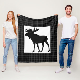  Cozy Black Plaid  Moose Design Fleece Blanket